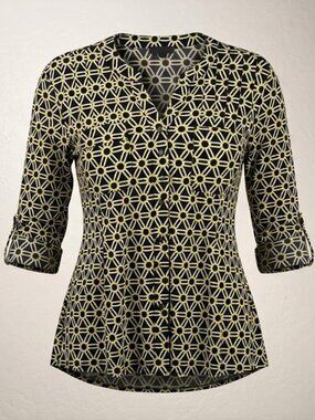 Cocomo Geometric Roll-Tab Sleeve V-Neck Blouse / L
